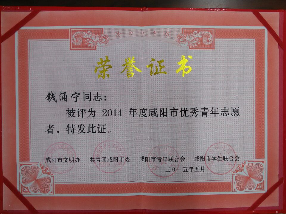 优秀青年志愿者证书